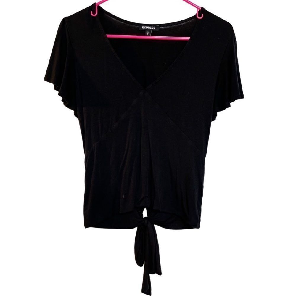Express V Neck Ruffle Short Sleeve Shirt Black Size Medium